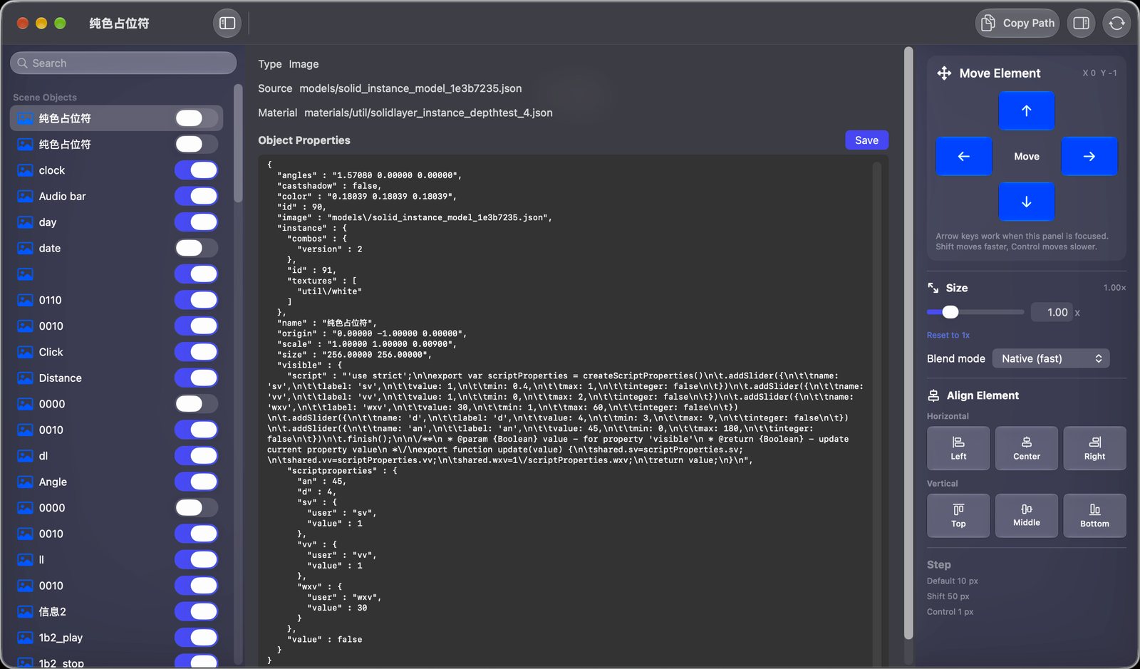 The Scene Editor (Live) window listing a scene's objects with visibility switches, the selected object's JSON properties, and move, size and align controls.