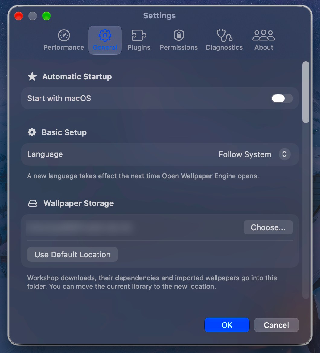 The Settings window on the General page: Start with macOS, language, the Wallpaper Storage folder with a Choose button, and converted wallpapers.
