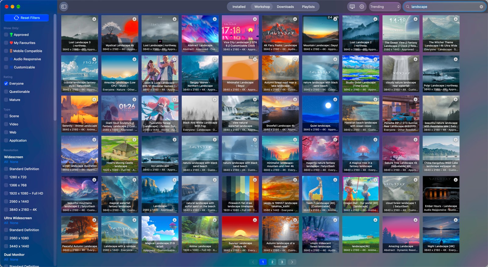 The Workshop tab searching for landscape, filtered to Everyone-rated items, with a grid of landscape wallpaper thumbnails.